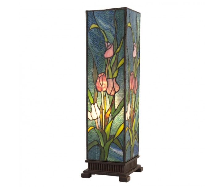 Modrá hranatá stolní lampa Tiffany s tulipány Toulipp - 24*58.5 cm/ 1*60W Clayre & Eef