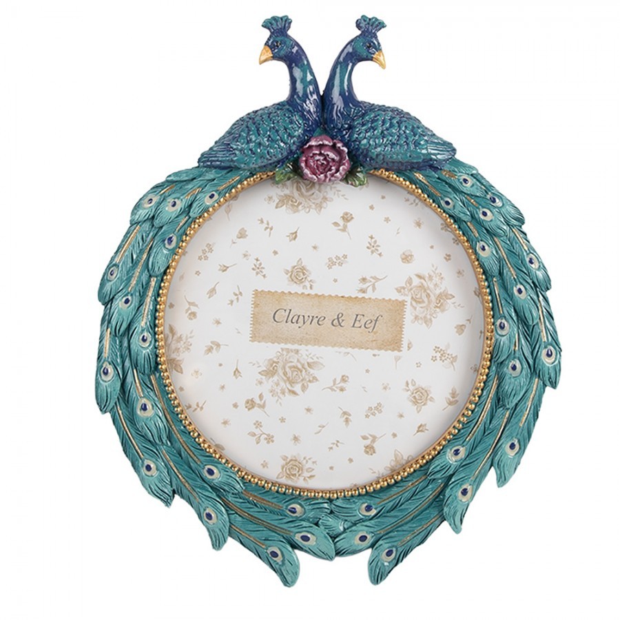Modrý kulatý fotorámeček zdobený pávy - 17*3*21 cm / Ø 13 cm Clayre & Eef Modrý kulatý fotorámeček zdobený pávy - 17*3*21 cm / Ø 13 cm Clayre & Eef