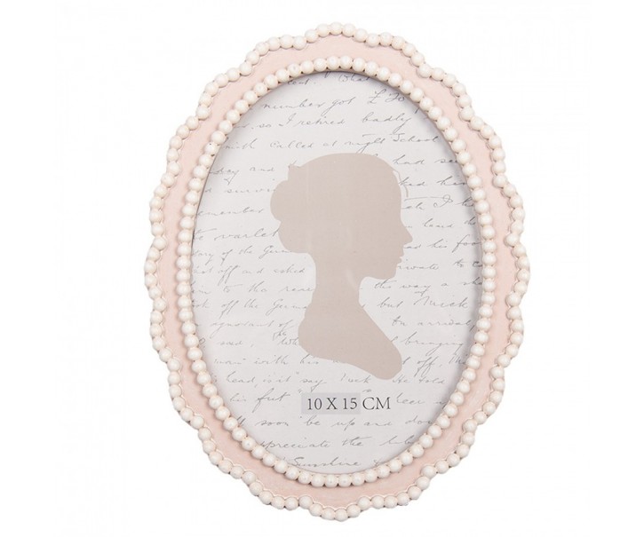 Růžový oválný fotorámeček s bílými perličkami - 13*2*18 cm / 10*15 cm Clayre & Eef