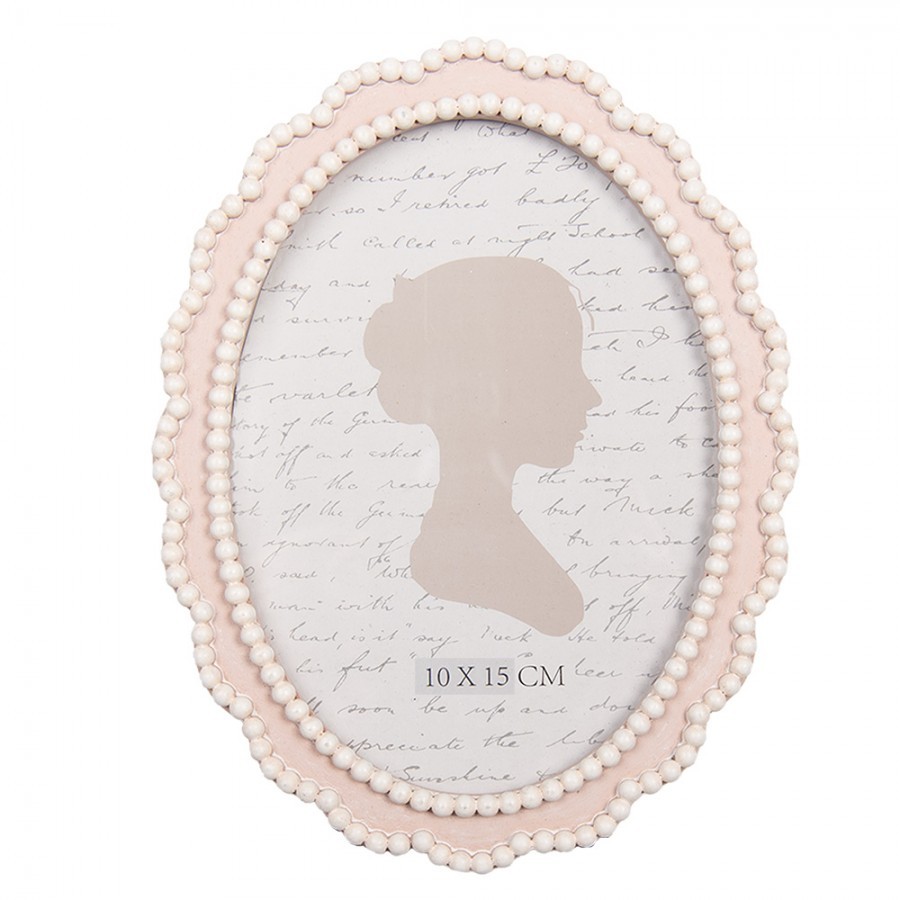 Růžový oválný fotorámeček s bílými perličkami - 13*2*18 cm / 10*15 cm