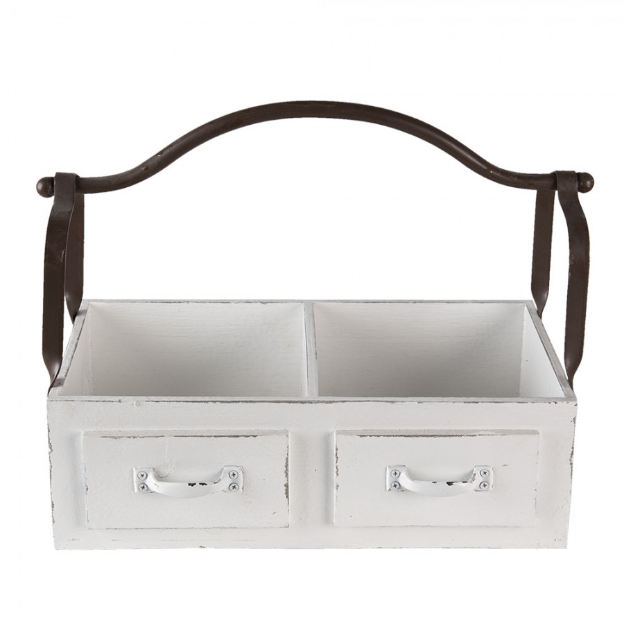 Bílý dřevěný retro box se dvěmi přihrádkami a kovovým uchem - 41*19*29 cm Clayre & Eef Bílý dřevěný retro box se dvěmi přihrádkami a kovovým uchem - 41*19*29 cm Clayre & Eef