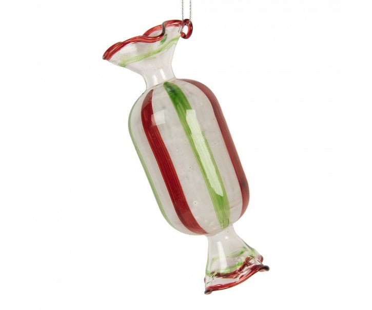 Červeno-zelená skleněná vánoční ozdoba bonbón - 5*13 cm Clayre & Eef