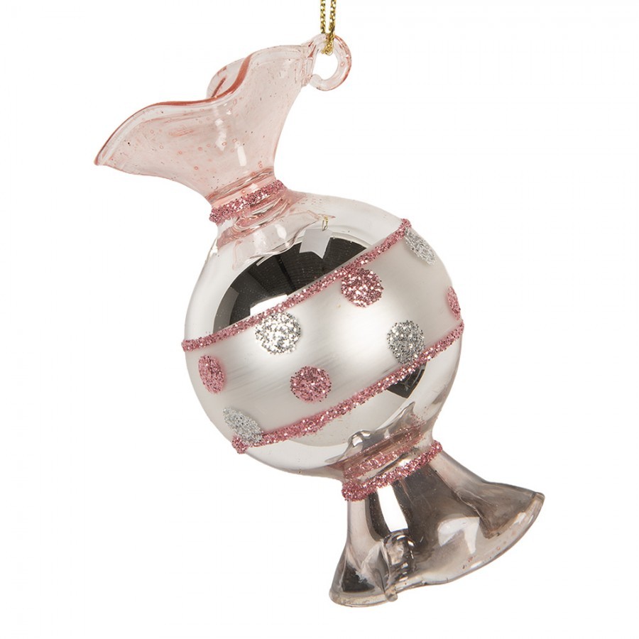 Růžovo-stříbrná skleněná vánoční ozdoba bonbón - 4*8 cm