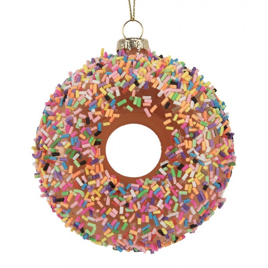 Vánoční skleněná závěsná ozdoba hnědý donut - Ø 10*4 cm Clayre & Eef Vánoční skleněná závěsná ozdoba hnědý donut - Ø 10*4 cm Clayre & Eef