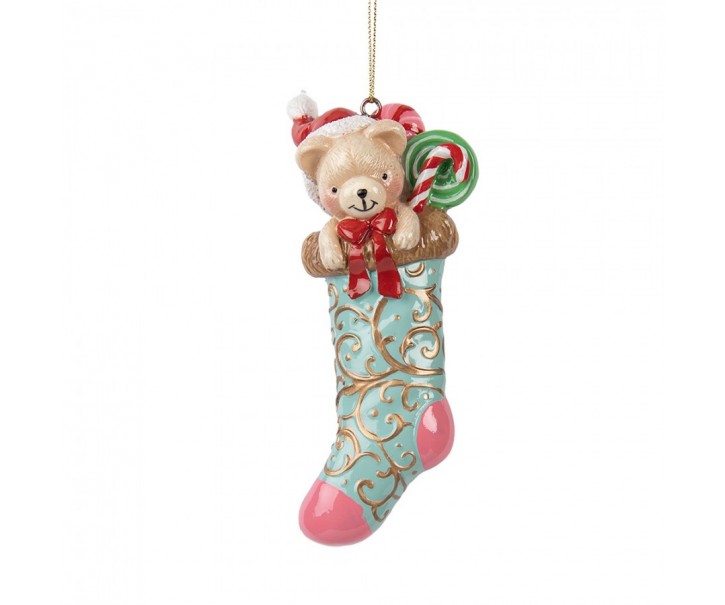 Vánoční závěsná dekorace medvídek v punčošce - 7*5*15 cm Clayre & Eef