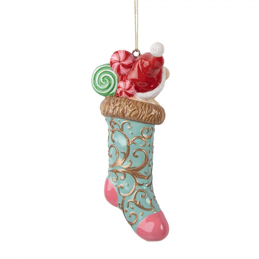 Vánoční závěsná dekorace medvídek v punčošce - 7*5*15 cm Clayre & Eef Vánoční závěsná dekorace medvídek v punčošce - 7*5*15 cm Clayre & Eef