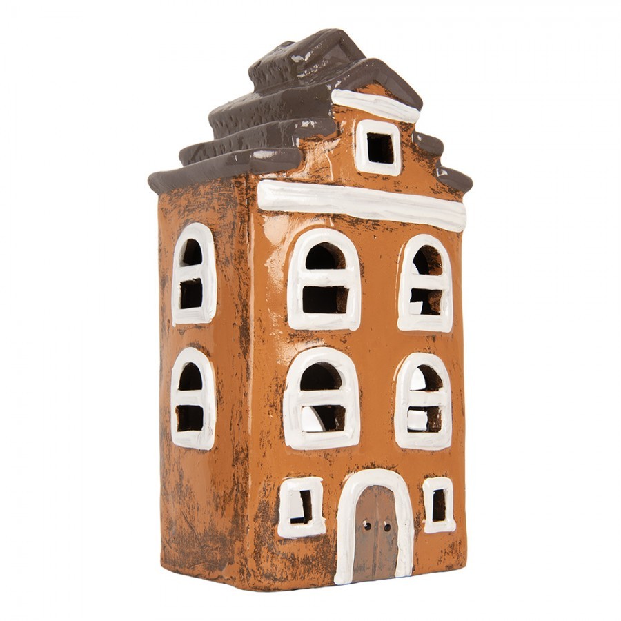 Oranžový keramický svícen na čajovou svíčku domek Village - 13*10*23 cm Clayre & Eef Oranžový keramický svícen na čajovou svíčku domek Village - 13*10*23 cm Clayre & Eef