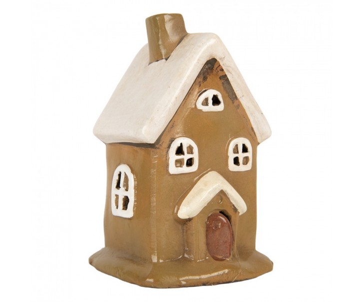 Hnědý keramický svícen na čajovou svíčku domek Village - 10*10*16 cm Clayre & Eef
