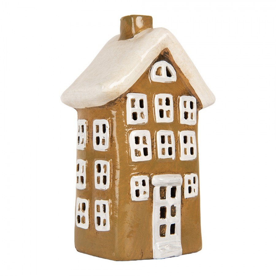Hnědý keramický svícen na čajovou svíčku domek Village - 12*8*20 cm Clayre & Eef Hnědý keramický svícen na čajovou svíčku domek Village - 12*8*20 cm Clayre & Eef