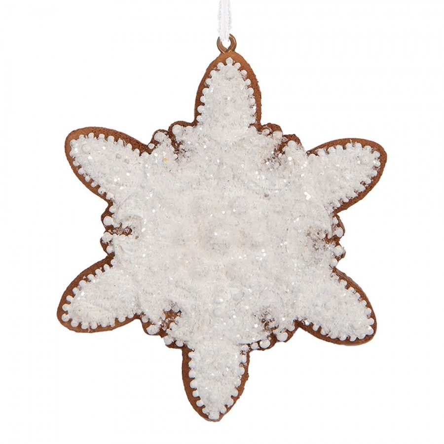 Závěsná dekorace perníková vločka Frosted Ginger - 9*1*10 cm Clayre & Eef Závěsná dekorace perníková vločka Frosted Ginger - 9*1*10 cm Clayre & Eef