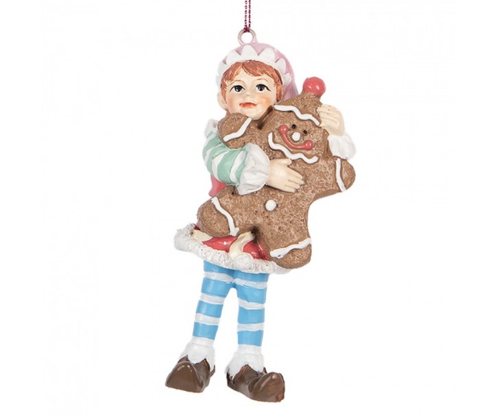 Závěsná vánoční dekorace Elf s perníčkem - 5*4*11cm Clayre & Eef