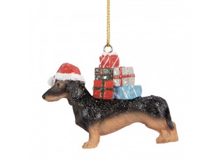 Hnědá závěsná dekorace jezevčík Dachshund s dárečky - 7*2*6 cm