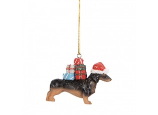 Hnědá závěsná dekorace jezevčík Dachshund s dárečky - 7*2*6 cm