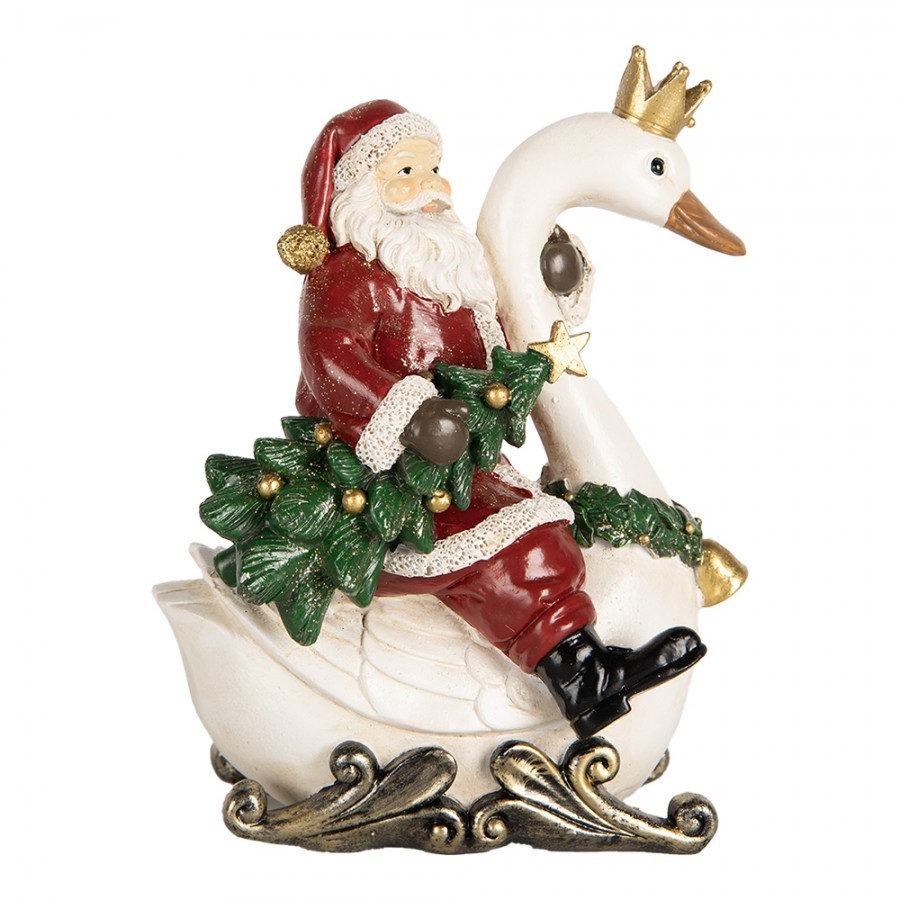 Červená vánoční dekorace Santa Claus na labuti - 13*10*16 cm Clayre & Eef Červená vánoční dekorace Santa Claus na labuti - 13*10*16 cm Clayre & Eef