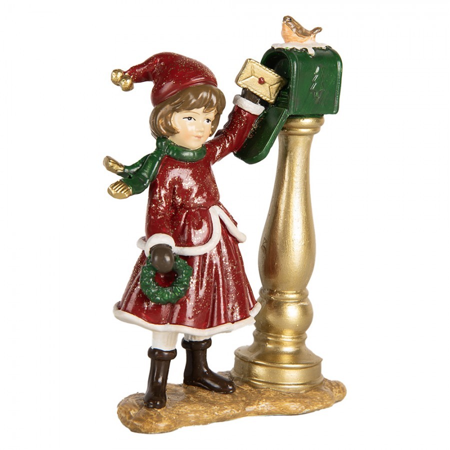 Červeno-zlatá vánoční dekorace dívka u poštovní schránky - 8*4*12 cm Clayre & Eef Červeno-zlatá vánoční dekorace dívka u poštovní schránky - 8*4*12 cm Clayre & Eef