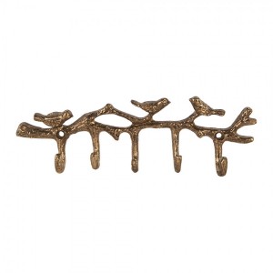 Zlatý antik nástěnný kovový věšák s 5ti háčky a ptáčky - 18*2*6 cm