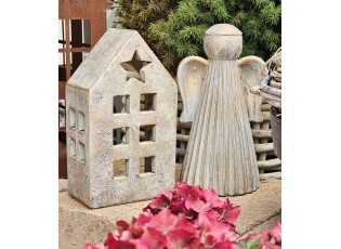 Zlatý antik cementový svícen domek House Gold M - 13*8*23 cm