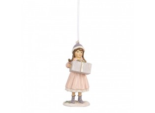 Růžová závěsná dekorace děvčátko držící dárek - 5*5*11 cm