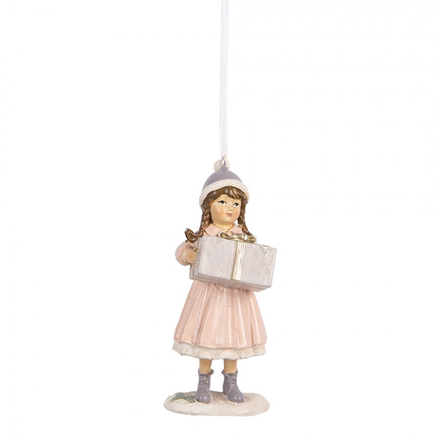 Růžová závěsná dekorace děvčátko držící dárek - 5*5*11 cm Clayre & Eef Růžová závěsná dekorace děvčátko držící dárek - 5*5*11 cm Clayre & Eef