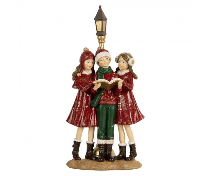 Červená vánoční dekorace zpívající sbor dívky u lampy - 14*9*28 cm Clayre & Eef