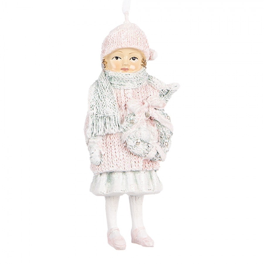 Růžová závěsná dekorace děvčátko ve svetříku držící věneček - 5*4*11 cm Clayre & Eef Růžová závěsná dekorace děvčátko ve svetříku držící věneček - 5*4*11 cm Clayre & Eef