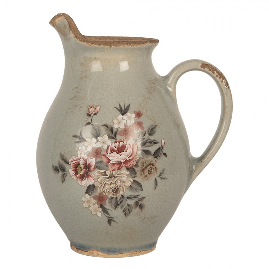 Šedý dekoračnmí keramický džbán s květy Floria S - 16*12*18 cm