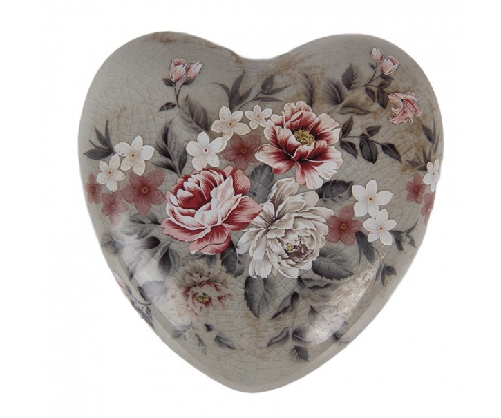 Zelená keramická dekorace srdce s květy Floria L - 11*11*4 cm Clayre & Eef