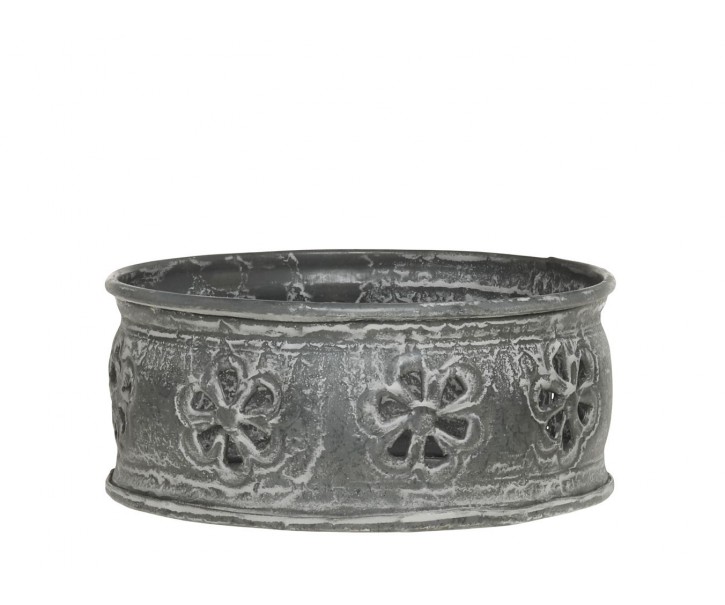 Zinkový antik kovový svícen s květy na válcovou svíčku - Ø 13*6 cm Chic Antique