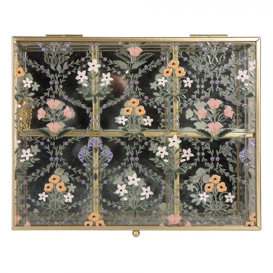 Mosazná antik kovová skleněná šperkovnice s květinami - 20*16*5 cm Clayre & Eef Mosazná antik kovová skleněná šperkovnice s květinami - 20*16*5 cm Clayre & Eef