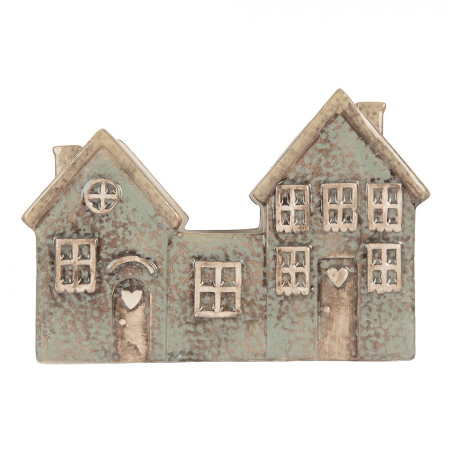 Šedo-zelený keramický domek na čajovou svíčku Lamont - 22*9*15 cm Clayre & Eef Šedo-zelený keramický domek na čajovou svíčku Lamont - 22*9*15 cm Clayre & Eef