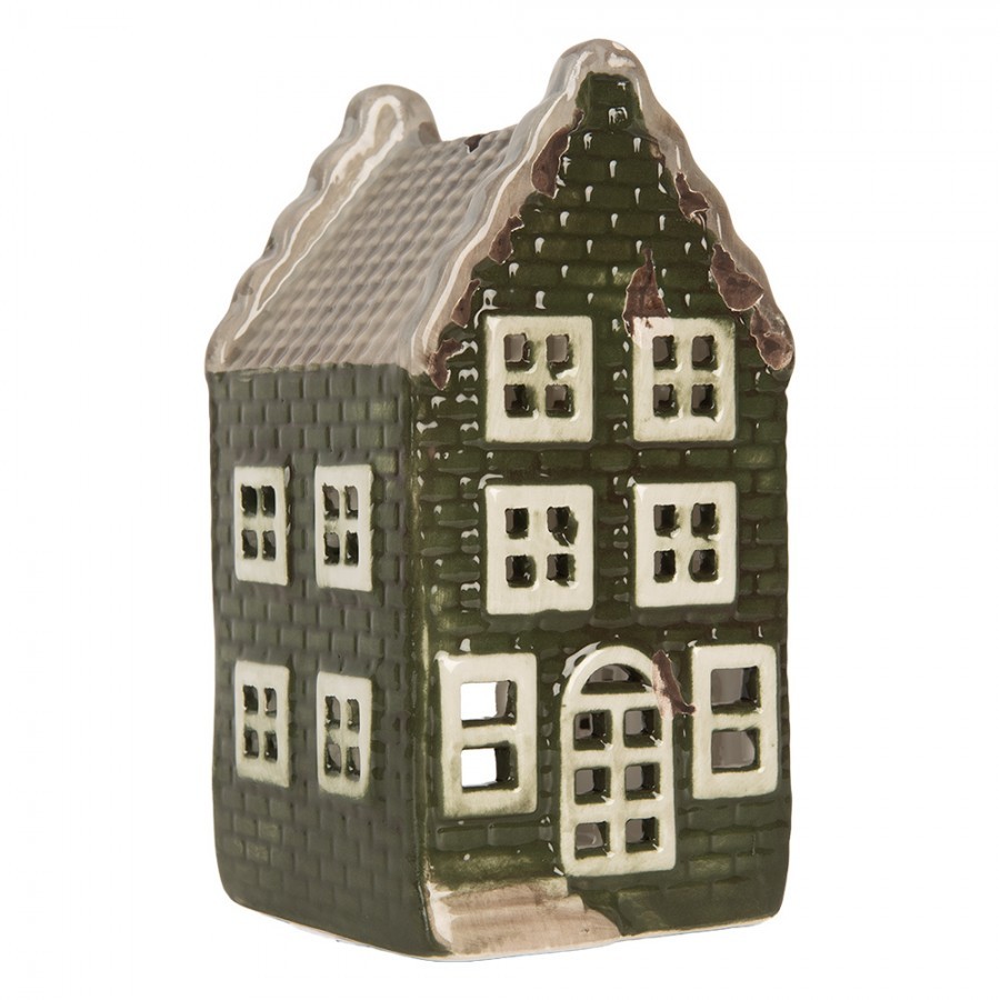 Tmavě zelený keramický domek na čajovou svíčku Lamont - 7*7*14 cm Clayre & Eef Tmavě zelený keramický domek na čajovou svíčku Lamont - 7*7*14 cm Clayre & Eef