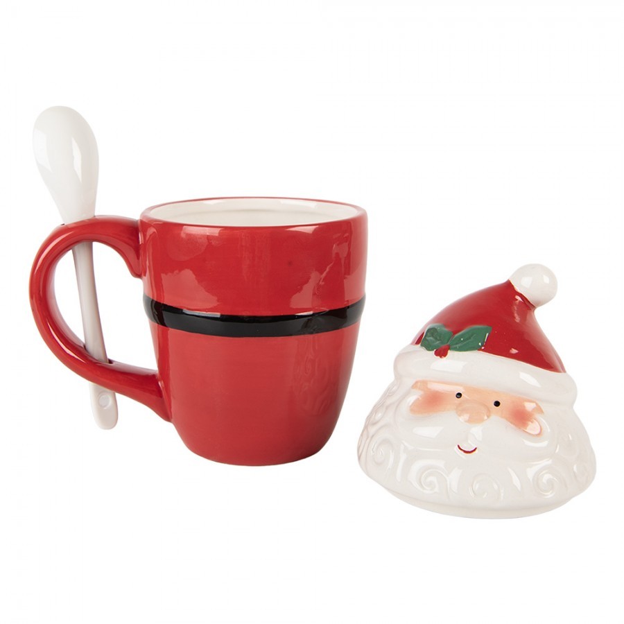 Bílo-červený hrnek Santa Claus s víkem a lžičkou - 13*9*17 cm / 300 ml Clayre & Eef Bílo-červený hrnek Santa Claus s víkem a lžičkou - 13*9*17 cm / 300 ml Clayre & Eef