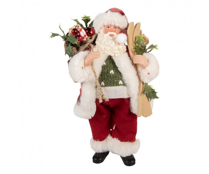 Vánoční dekorace Santa ve svetru s lyžemi - 16*13*27 cm Clayre & Eef