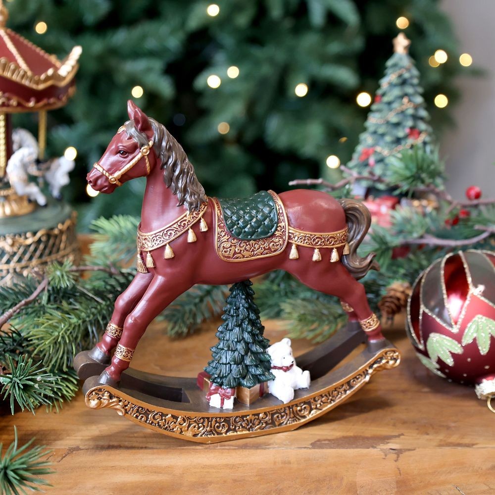 Višňovo-zlatý antik houpací koník Noël - 18*4,5*18 cm Chic Antique Višňovo-zlatý antik houpací koník Noël - 18*4,5*18 cm Chic Antique
