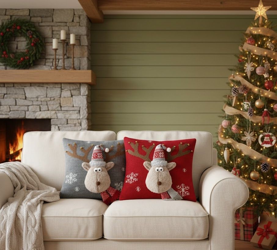 Šedý vánoční dekorační polštář sob Rudolf - 40*40*7cm Mars & More Šedý vánoční dekorační polštář sob Rudolf - 40*40*7cm Mars & More