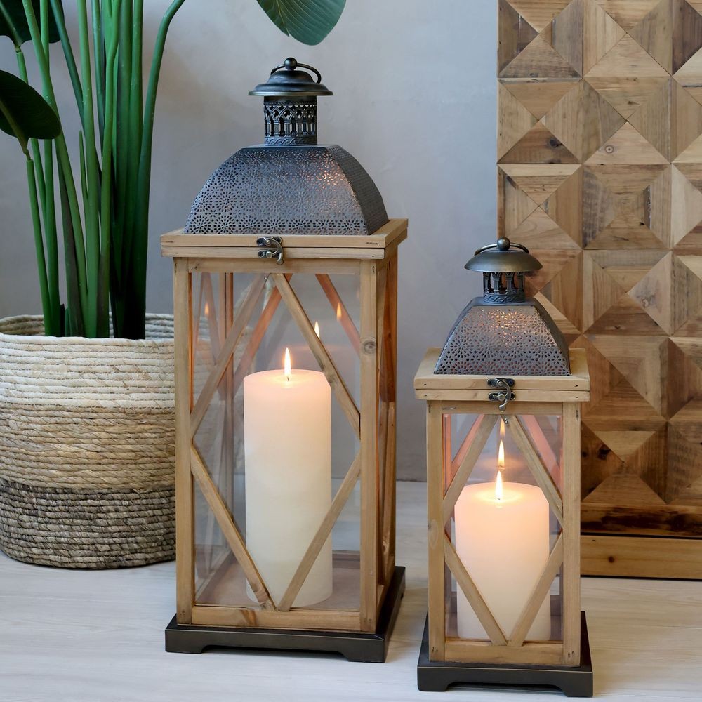 Set 2ks přírodní antik dřevěná lucerna Frencia - 24*24*67/ 17*17*46 cm Chic Antique Set 2ks přírodní antik dřevěná lucerna Frencia - 24*24*67/ 17*17*46 cm Chic Antique