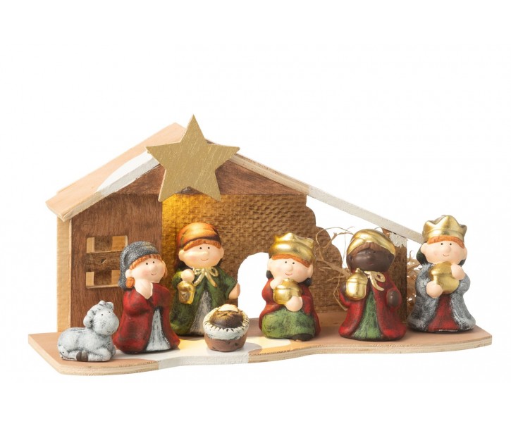 Přírodní svítící Betlém s keramickými postavičkami Nativity - 31*10*16 cm J-Line by Jolipa