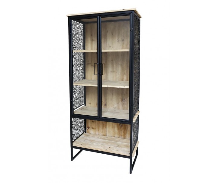 Přírodně černá kovová vitrína s dřevěnými policemi Vence - 71*38*160 cm Chic Antique