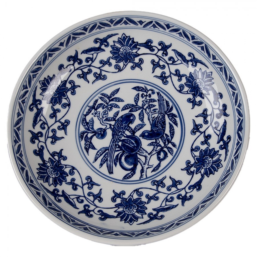 Porcelánová mísa na noze s modrými květy Vintage Unique - Ø 26*13 cm Clayre & Eef Porcelánová mísa na noze s modrými květy Vintage Unique - Ø 26*13 cm Clayre & Eef