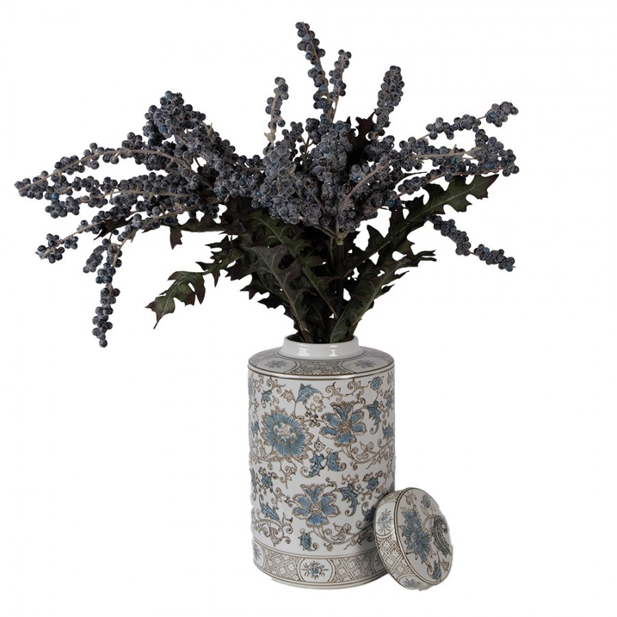 Porcelánová váza s víčkem a modrými květy Vintage Unique - Ø 18*30 cm Clayre & Eef Porcelánová váza s víčkem a modrými květy Vintage Unique - Ø 18*30 cm Clayre & Eef