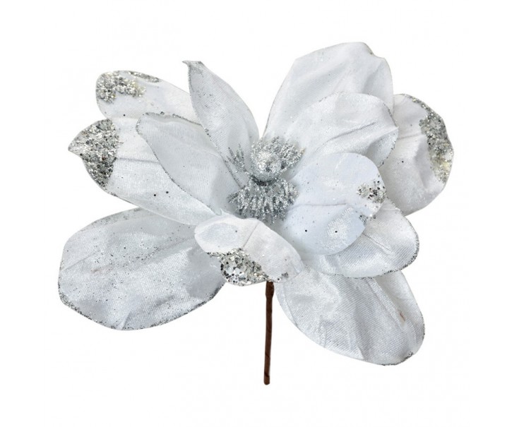 Bílo-stříbrná dekorace květina vánoční hvězda Poinsettia - Ø 24*25 cm Clayre & Eef