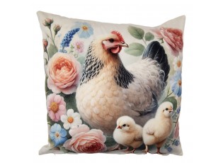 Béžový povlak na polštář slepička s kuřátky a květy - 45*45cm