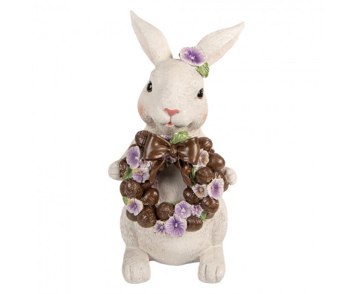 Dekorace králík s čoko věncem a maceškami - 17*16*30 cm Clayre & Eef