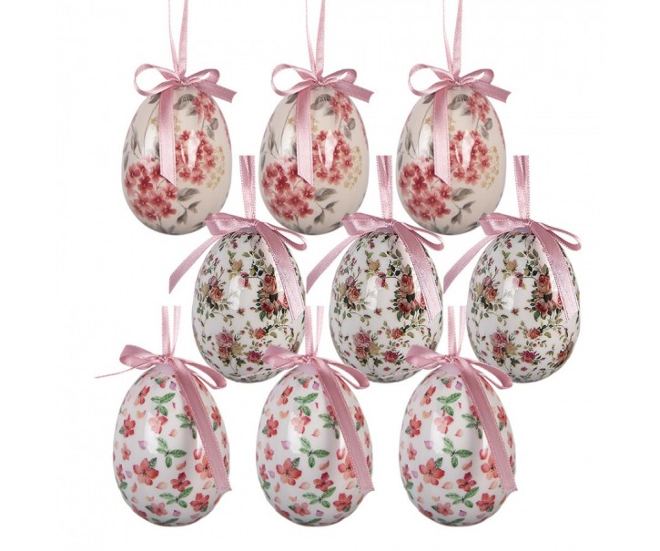 9ks dekorace bílé závěsné vajíčko s květy Spring Egg - Ø 5*8 cm Clayre & Eef
