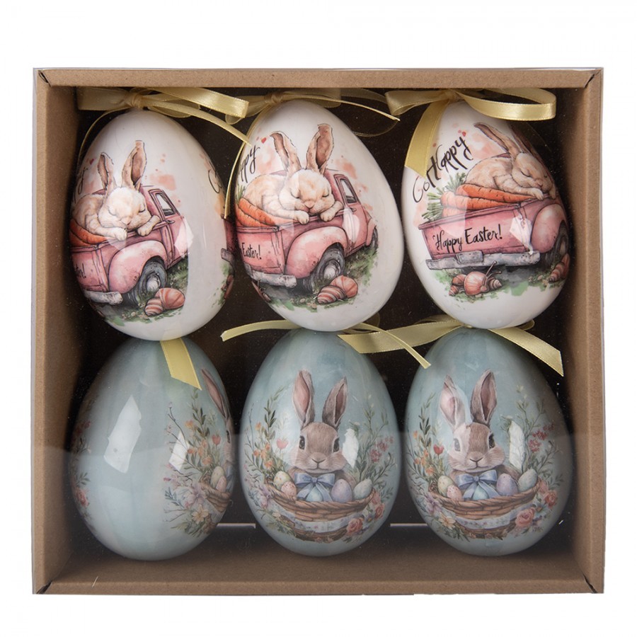 6ks dekorace bílé a modré závěsné vajíčko s králíčky Spring Egg - Ø 7*10 cm Clayre & Eef 6ks dekorace bílé a modré závěsné vajíčko s králíčky Spring Egg - Ø 7*10 cm Clayre & Eef