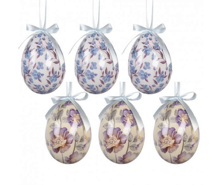 6ks dekorace bílé a béžové závěsné vajíčko s květy Spring Egg - Ø 7*10 cm Clayre & Eef