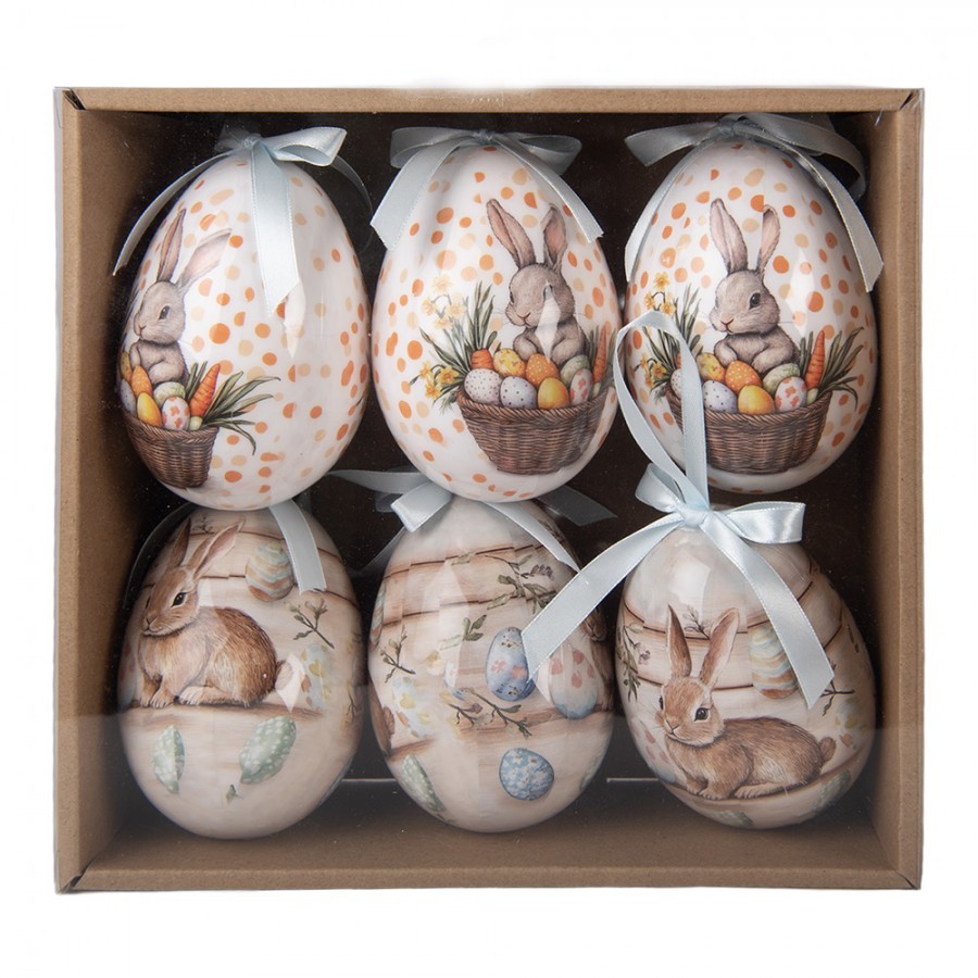 6ks dekorace bílé a béžové závěsné vajíčko s králíčky Spring Egg - Ø 7*10 cm Clayre & Eef 6ks dekorace bílé a béžové závěsné vajíčko s králíčky Spring Egg - Ø 7*10 cm Clayre & Eef