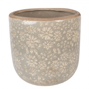 Šedý antik keramický obal na květináč s květy XL - Ø 20*19 cm