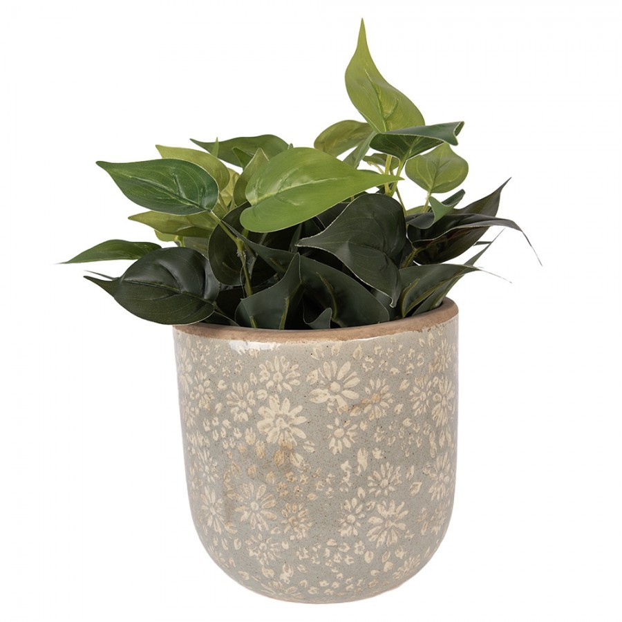 Šedý antik keramický obal na květináč s květy XL - Ø 20*19 cm Clayre & Eef Šedý antik keramický obal na květináč s květy XL - Ø 20*19 cm Clayre & Eef