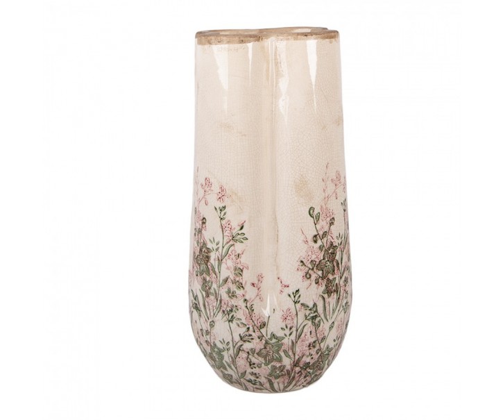 Béžová antik keramická váza s růžovo-zelenými květy L - Ø16*36 cm Clayre & Eef